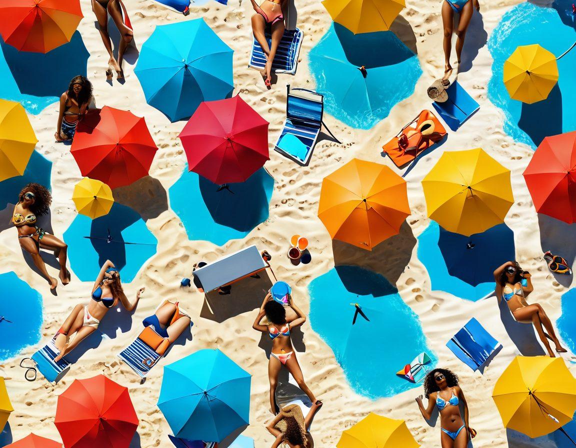 A fashionable, sun-soaked beach scene showcasing diverse individuals in trendy bikinis, embodying confidence and style. Incorporate elements representing privacy, such as a beach umbrella with a lock symbol, digital devices displaying 'spam-free' messages, and playful ocean waves. The overall ambiance should feel vibrant and refreshing, inviting the viewer to think about privacy while enjoying fashion. Bright colors, summer vibes, and a clear blue sky. super-realistic. vibrant colors. 3D.